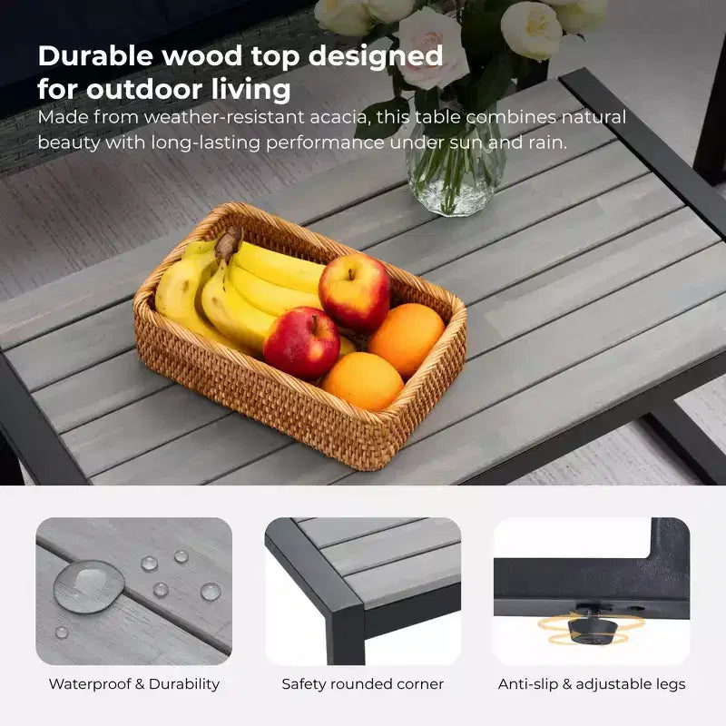Ensemble de mobilier de jardin 4 pièces en bois d'acacia avec plateau de table, cadre en métal, coussins, pour balcon, jardin, arrière-cour, pelouse