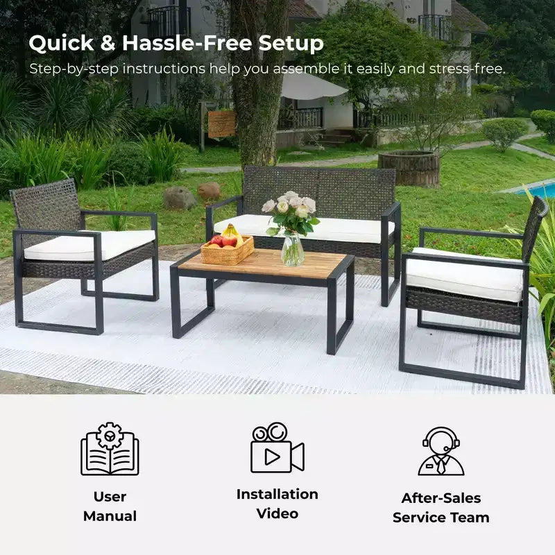 Ensemble de mobilier de jardin 4 pièces en bois d'acacia avec plateau de table, cadre en métal, coussins, pour balcon, jardin, arrière-cour, pelouse