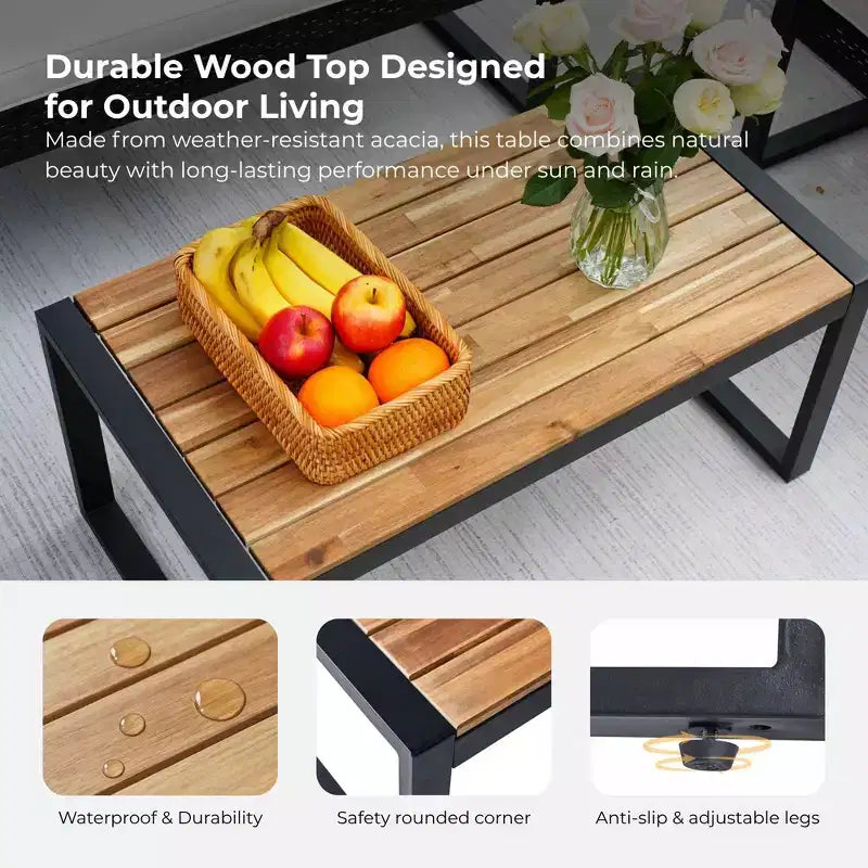 Ensemble de mobilier de jardin 4 pièces en bois d'acacia avec plateau de table, cadre en métal, coussins, pour balcon, jardin, arrière-cour, pelouse