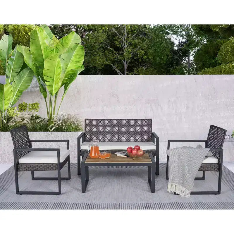 4-Piece Patio Furniture Set Outdoor Acacia Wood Table Top Metal Frame Cushions Balcony Garden Backyard Lawn