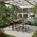 Gymax Ensemble de 5 pièces pour bar extérieur avec surfaces en bois d'acacia et cadre en métal robuste, table et chaises hauteur bar pour terrasse, balcon, piscine