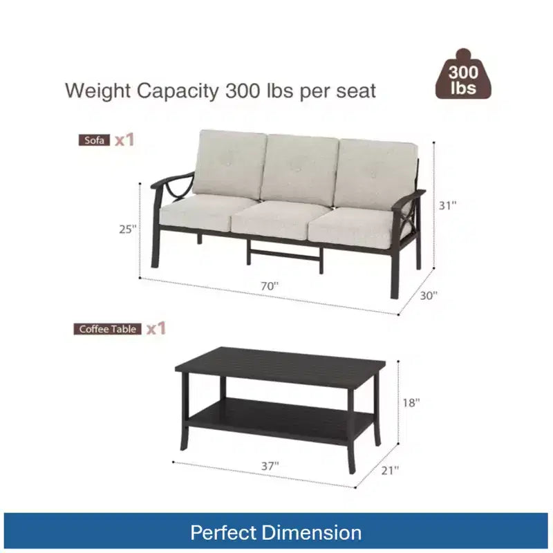 2 Piece Outdoor Patio Set, 70 Inches All-Weather Metal 3-Seat Metal Patio Sofa and Rectangular coffee Table
