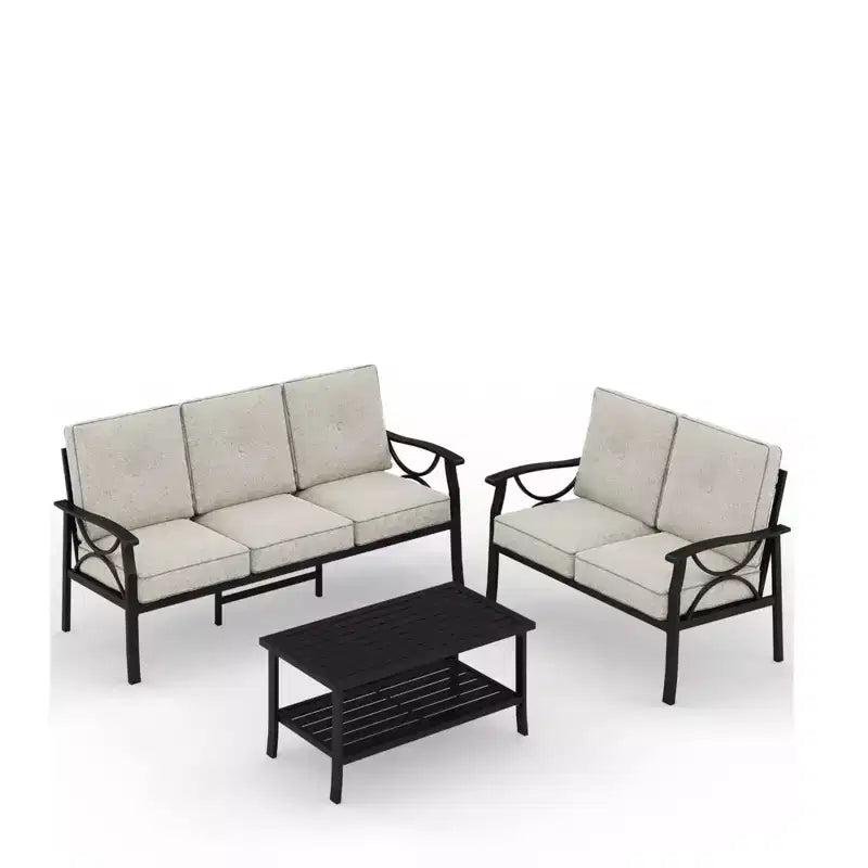 Ensemble de mobilier de jardin en métal 3 pièces, canapé d'extérieur 5 places tout temps avec coussins épais