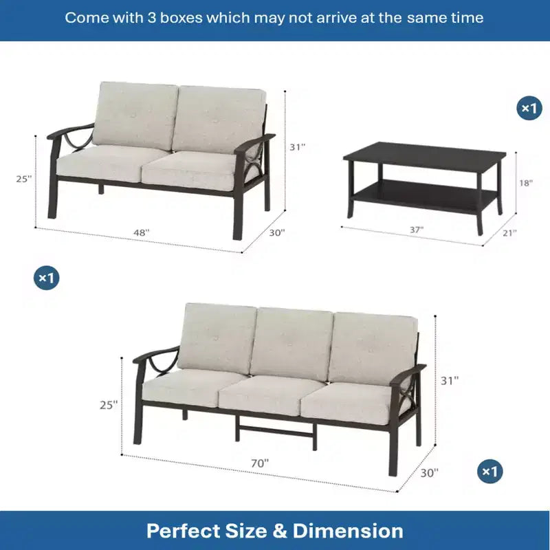 Ensemble de mobilier de jardin en métal 3 pièces, canapé d'extérieur 5 places tout temps avec coussins épais