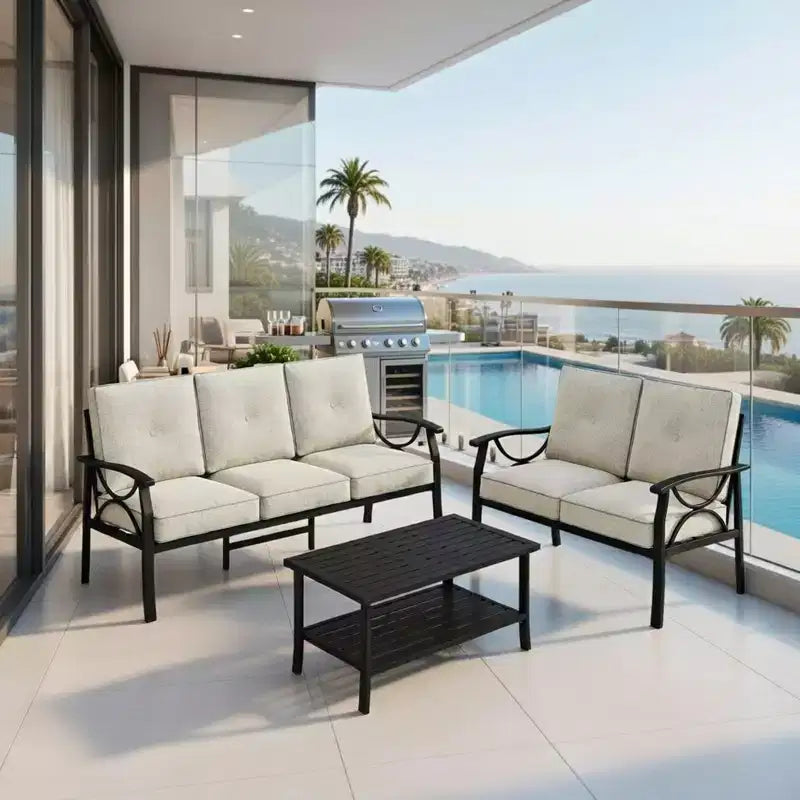 Ensemble de mobilier de jardin en métal 3 pièces, canapé d'extérieur 5 places tout temps avec coussins épais