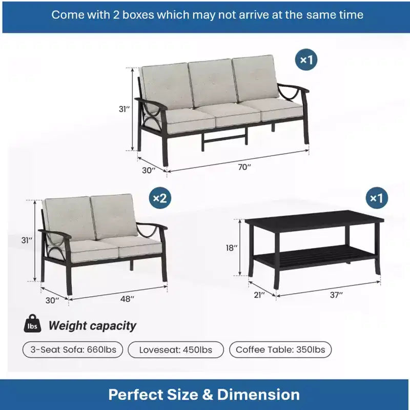 Ensemble de mobilier de jardin en métal 3 pièces, canapé d'extérieur 5 places tout temps avec coussins épais
