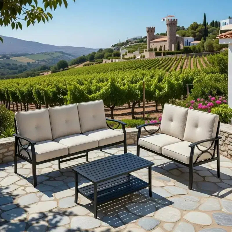 Ensemble de mobilier de jardin en métal 3 pièces, canapé d'extérieur 5 places tout temps avec coussins épais