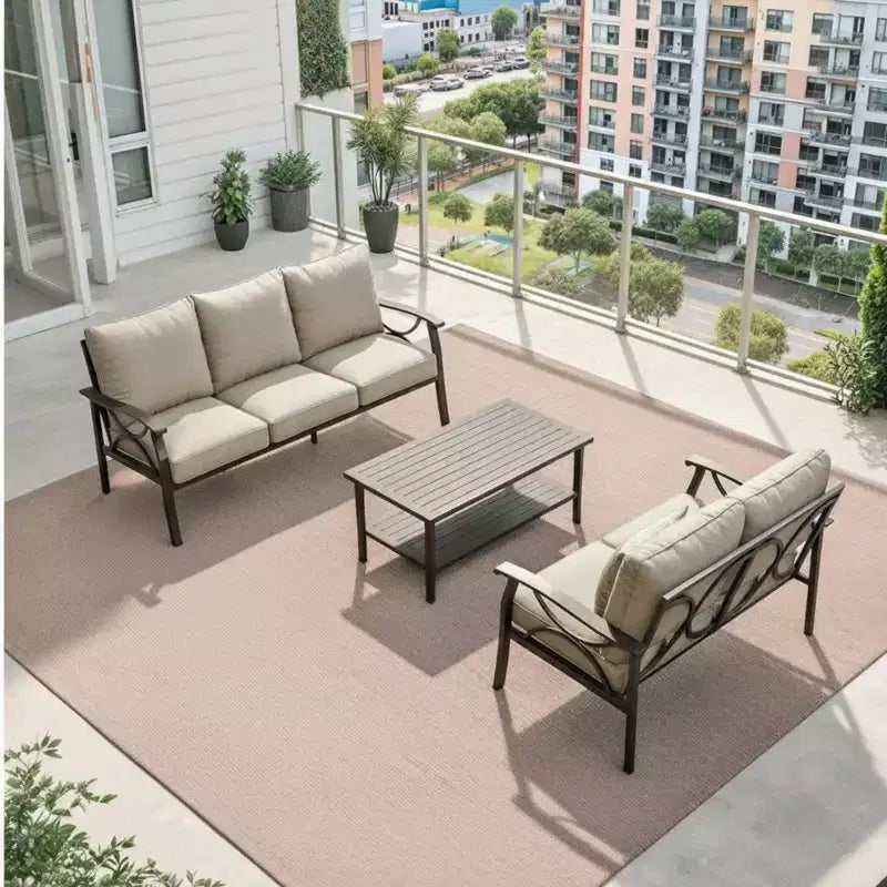 3-Piece Metal Patio Furniture Set, 5-Seat All-Weather Conversation Sofa with Thick Cushions