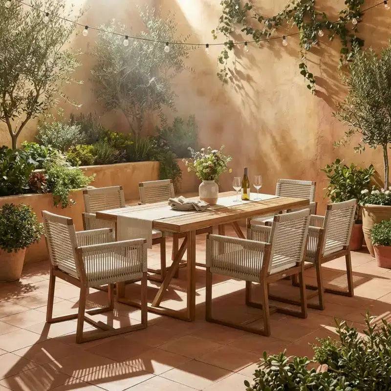 Set da pranzo da 7 pezzi da esterno Thrinot Modern di Christopher Knight Home in acacia con tavolo a doghe e design in corda