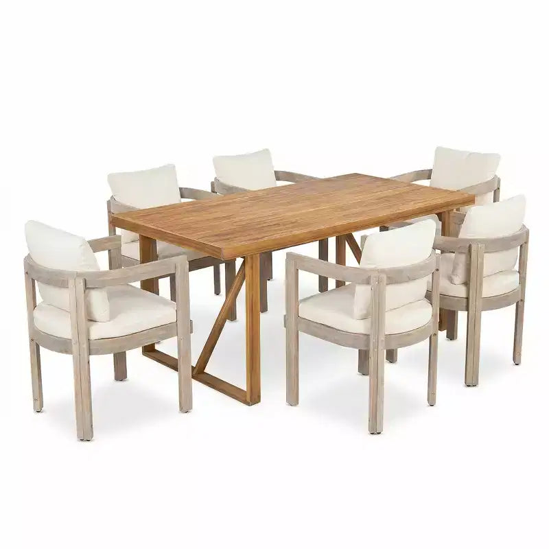 Christopher Knight Home Gruneo Modern 7 Piece Patio Acacia Dining Set with Cushion and Slatted Design