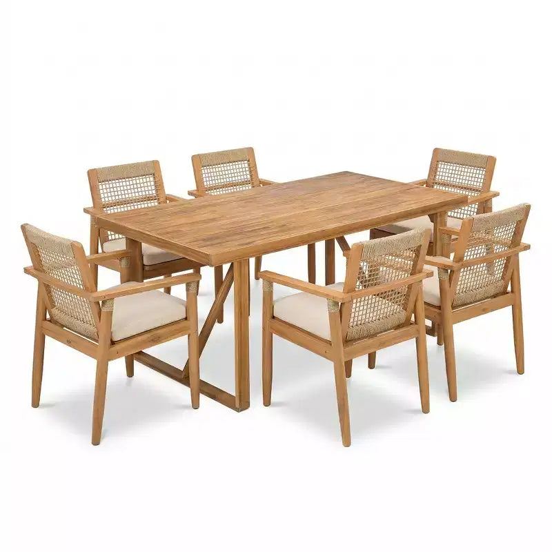 Christopher Knight Home Bryan Modern 7 Piece Patio Acacia Dining Set with Slatted Table and Rope Design