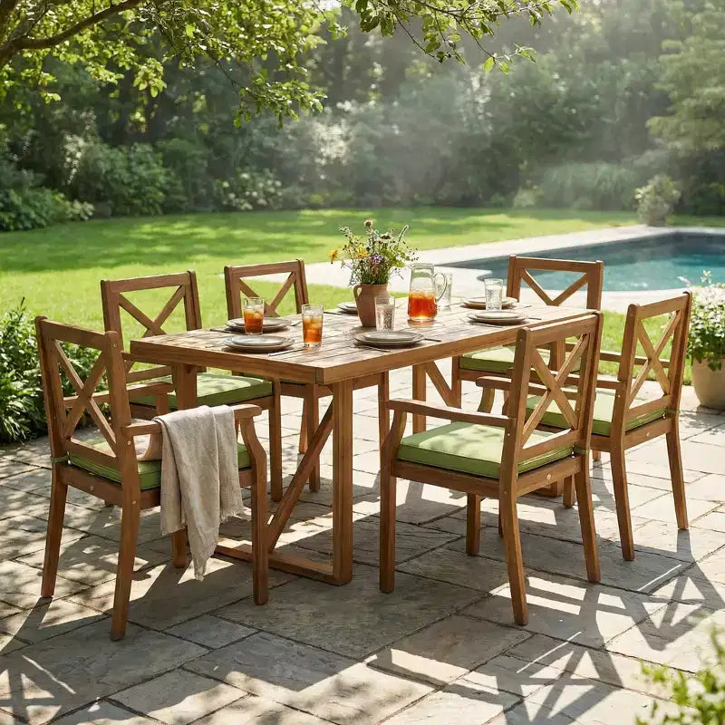 Christopher Knight Home Perla Set da Pranzo Rustico da Giardino 7 Pezzi in Legno di Acacia con Cuscini