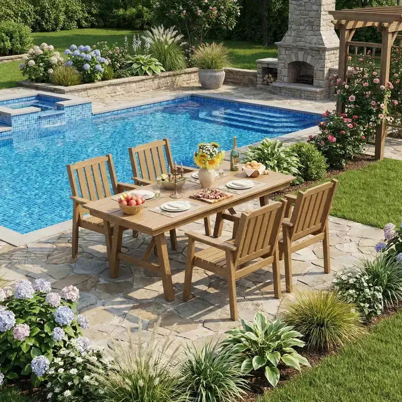 Ensemble table et chaises de salle à manger d'extérieur Garvee pour 6 personnes, ensemble de 7 pièces en PEHD avec trou pour parasol, cadre en aluminium, 6 chaises de jardin tous temps
