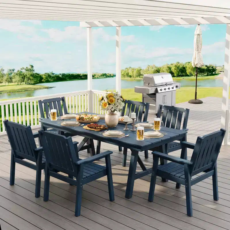 Ensemble table et chaises de salle à manger d'extérieur Garvee pour 6 personnes, ensemble de 7 pièces en PEHD avec trou pour parasol, cadre en aluminium, 6 chaises de jardin tous temps