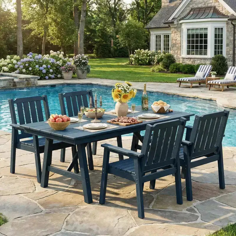 Ensemble table et chaises de salle à manger d'extérieur Garvee pour 6 personnes, ensemble de 7 pièces en PEHD avec trou pour parasol, cadre en aluminium, 6 chaises de jardin tous temps