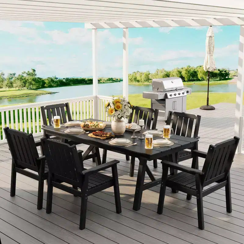 Ensemble table et chaises de salle à manger d'extérieur Garvee pour 6 personnes, ensemble de 7 pièces en PEHD avec trou pour parasol, cadre en aluminium, 6 chaises de jardin tous temps