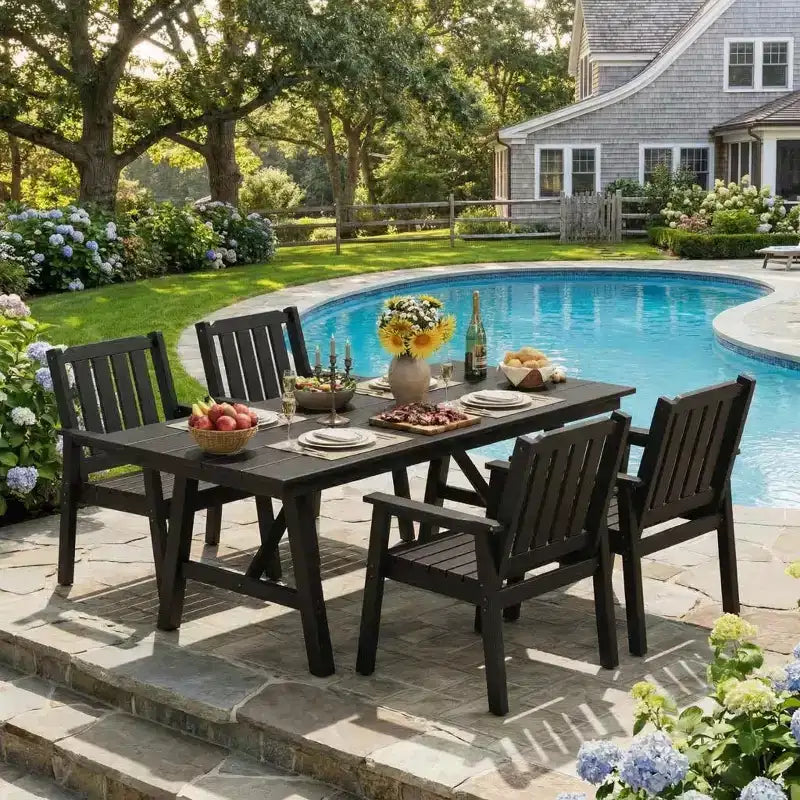 Ensemble table et chaises de salle à manger d'extérieur Garvee pour 6 personnes, ensemble de 7 pièces en PEHD avec trou pour parasol, cadre en aluminium, 6 chaises de jardin tous temps
