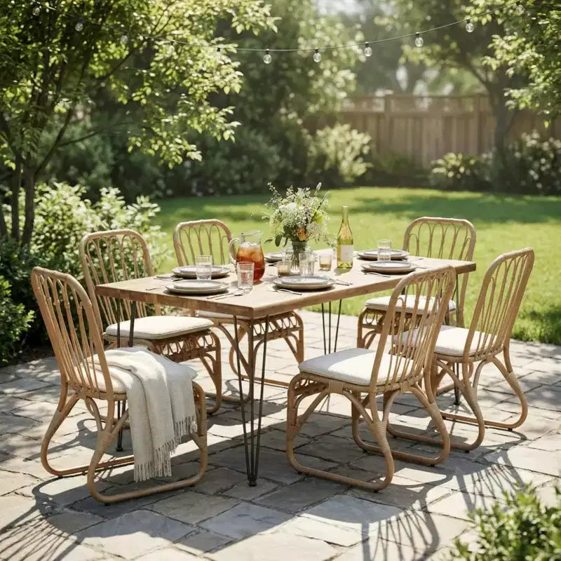 Christopher Knight Home Zion Set da pranzo moderno da 7 pezzi con tavolo in legno di acacia e sedie in rattan di ferro per esterni