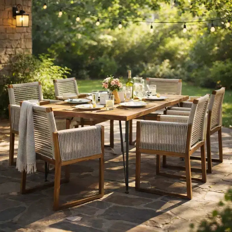 Christopher Knight Home Cristi Ensemble de salle à manger d'extérieur moderne 7 pièces en acacia avec table à lattes, pieds en fer et motif en corde