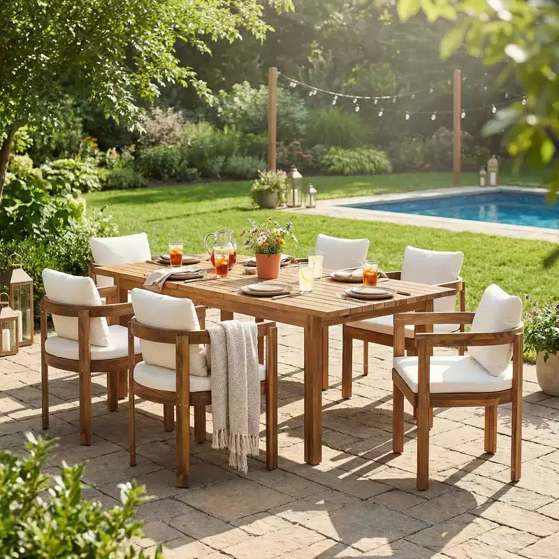 Christopher Knight Home Custi Ensemble de salle à manger moderne de 7 pièces en acacia pour patio avec table à lattes extensible et coussins