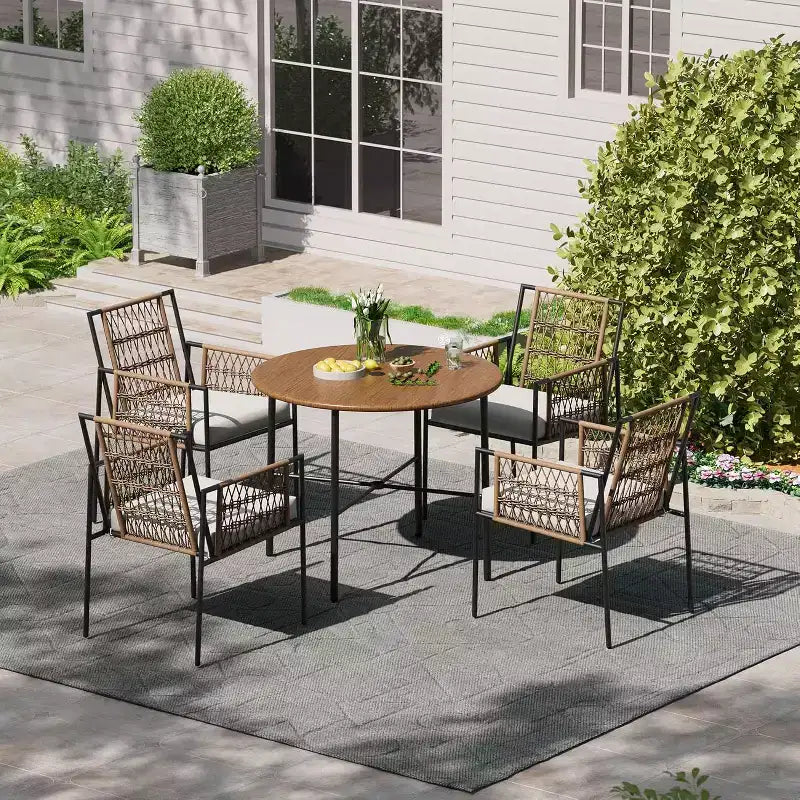 LAUSAINT HOME Ensemble de salle à manger d'extérieur 5 pièces, Salon de jardin en rotin PE avec 4 fauteuils rembourrés et trou pour parasol