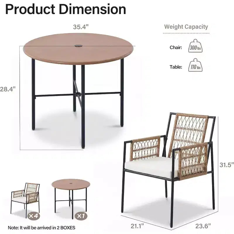 LAUSAINT HOME Ensemble de salle à manger d'extérieur 5 pièces, Salon de jardin en rotin PE avec 4 fauteuils rembourrés et trou pour parasol