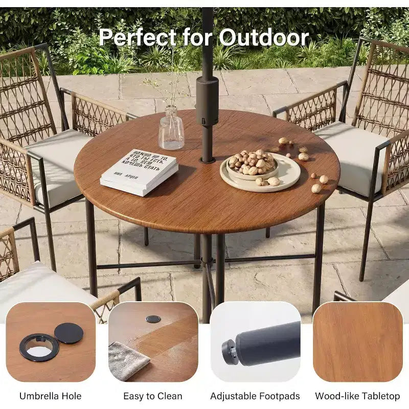 LAUSAINT HOME Ensemble de salle à manger d'extérieur 5 pièces, Salon de jardin en rotin PE avec 4 fauteuils rembourrés et trou pour parasol