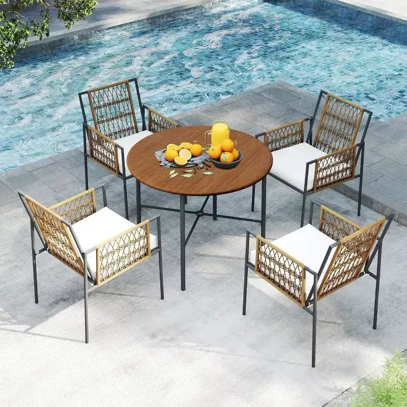 LAUSAINT HOME Ensemble de salle à manger d'extérieur 5 pièces, Salon de jardin en rotin PE avec 4 fauteuils rembourrés et trou pour parasol