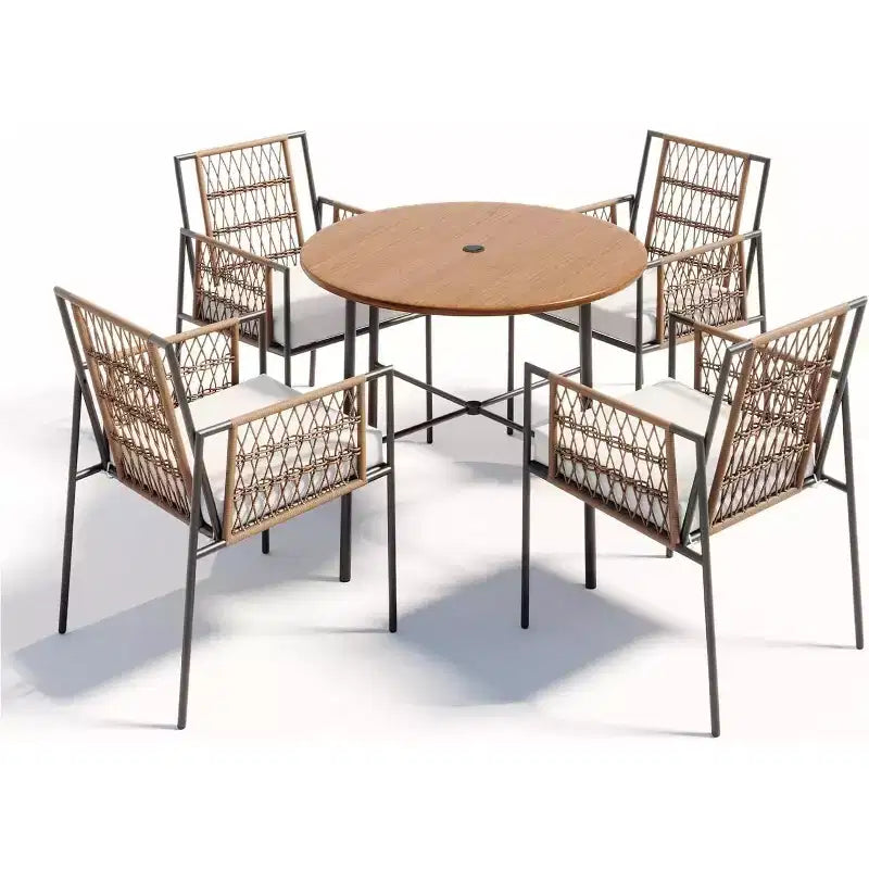 LAUSAINT HOME Ensemble de salle à manger d'extérieur 5 pièces, Salon de jardin en rotin PE avec 4 fauteuils rembourrés et trou pour parasol