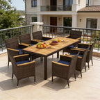 Gymax Ensemble de salle à manger d'extérieur 9 pièces avec plateau de table en bois d'acacia et chaises en rotin PE pour 8 personnes, comprend un trou pour parasol pour patio, jardin, terrasse