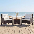 Gymax Ensemble bistro d'extérieur 3 pièces avec accoudoirs, table en bois d'acacia et coussin blanc pour jardin et arrière-cour