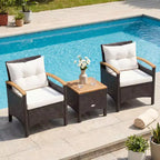 Gymax Ensemble bistro d'extérieur 3 pièces avec accoudoirs, table en bois d'acacia et coussin blanc pour jardin et arrière-cour