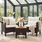 Gymax Ensemble bistro d'extérieur 3 pièces avec accoudoirs, table en bois d'acacia et coussin blanc pour jardin et arrière-cour