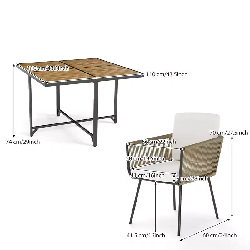 Gymax 5PC Outdoor Patio Dining Set w/ Rectangular Acacia Wood Table & Cushioned Chairs for Backyard and Garden