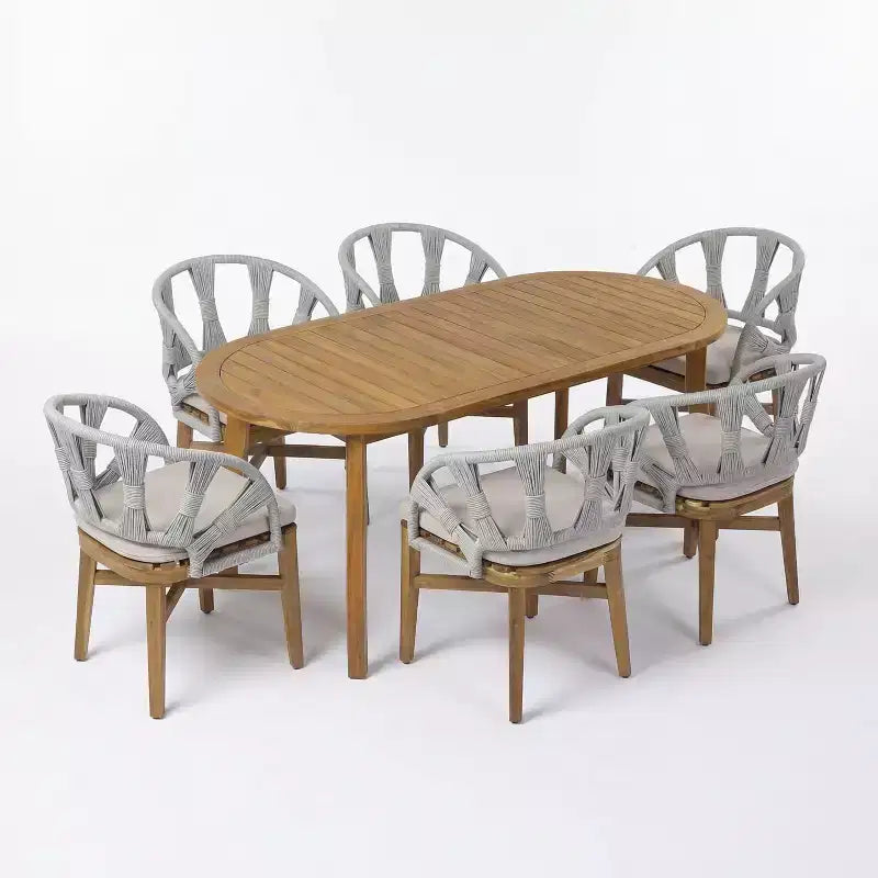 Christopher Knight Home Cascade 7 Piece Boho Outdoor Acacia Wood Wicker Dining Set with Outdoor Oval Slatted Table