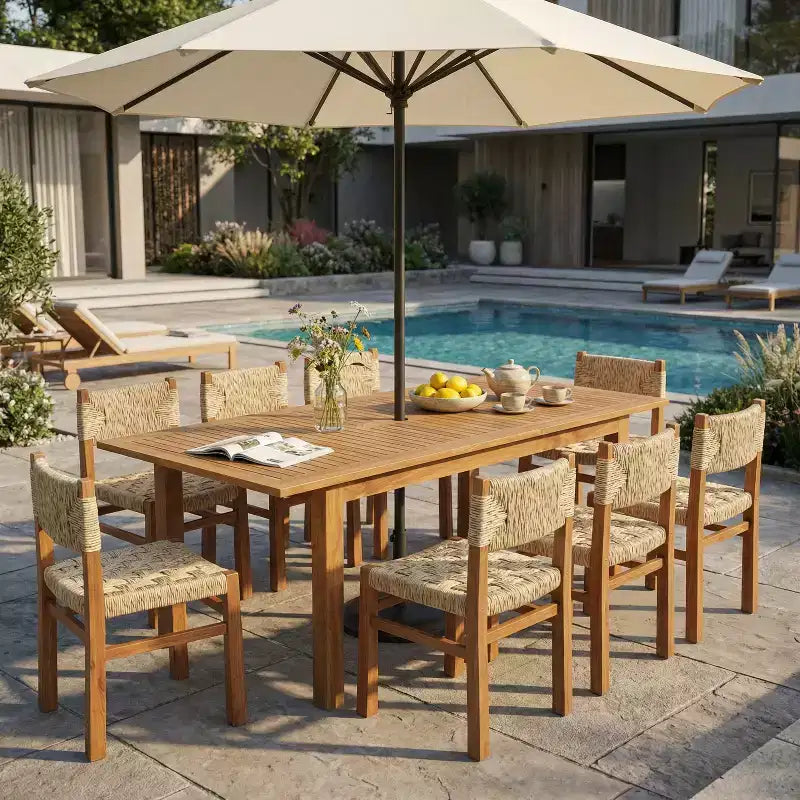 Ensemble de salle à manger d'extérieur Christopher Knight Home Fineas 9 pièces style bohème en bois d'acacia avec table à lattes extensible et motif en osier