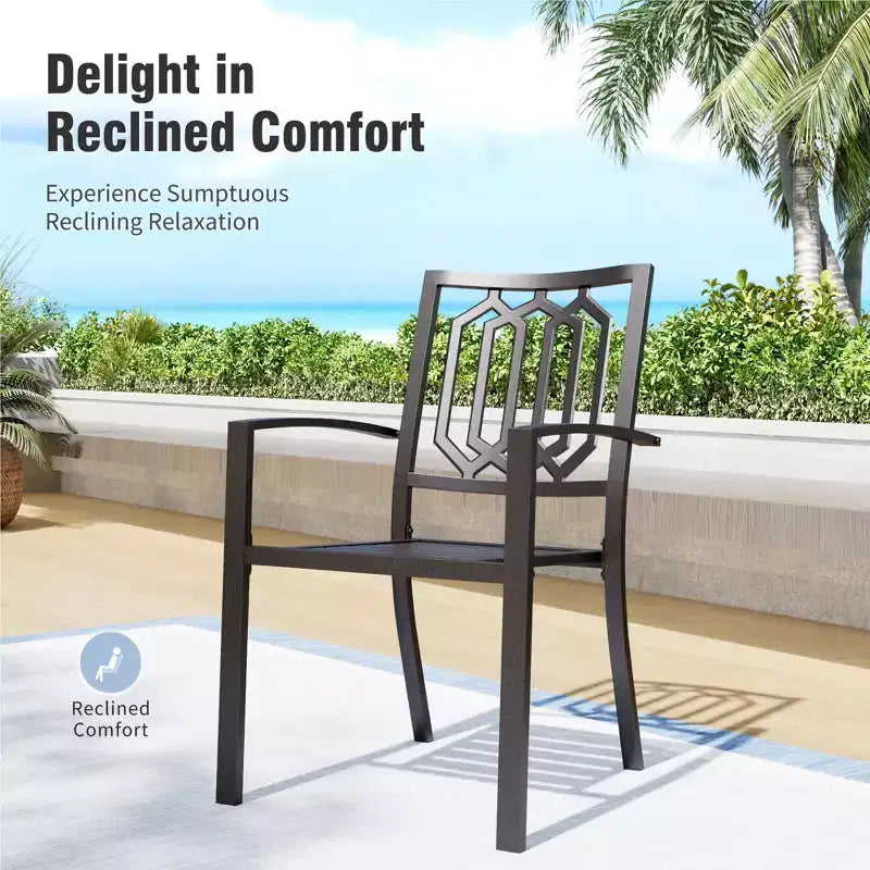 Captiva Designs 8pc Outdoor Slat-top Rectangle Steel Dining Table & Metal Stackable Chairs & 13ft Blue Umbrella