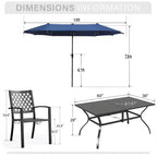 Captiva Designs 8pc Outdoor Slat-top Rectangle Steel Dining Table & Metal Stackable Chairs & 13ft Blue Umbrella
