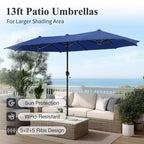 Captiva Designs 8pc Outdoor Slat-top Rectangle Steel Dining Table & Metal Stackable Chairs & 13ft Blue Umbrella