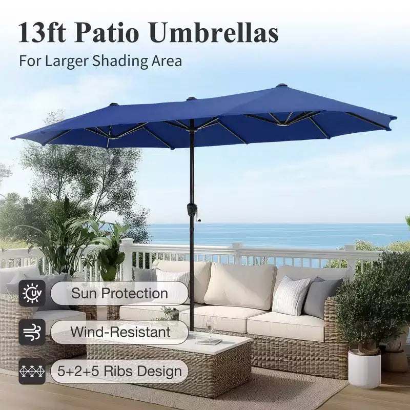 Captiva Designs 8pc Outdoor Slat-top Rectangle Steel Dining Table & Metal Stackable Chairs & 13ft Blue Umbrella