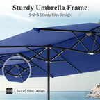 Captiva Designs 8pc Outdoor Slat-top Rectangle Steel Dining Table & Metal Stackable Chairs & 13ft Blue Umbrella