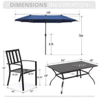 Captiva Designs 8pc Outdoor Slat-top Rectangle Steel Dining Table & Metal Stackable Chairs & 13ft Blue Umbrella