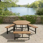 Ensemble table de pique-nique Gymax 6 personnes en bois d'acacia avec 3 bancs, trou pour parasol et pieds antidérapants réglables pour l'extérieur
