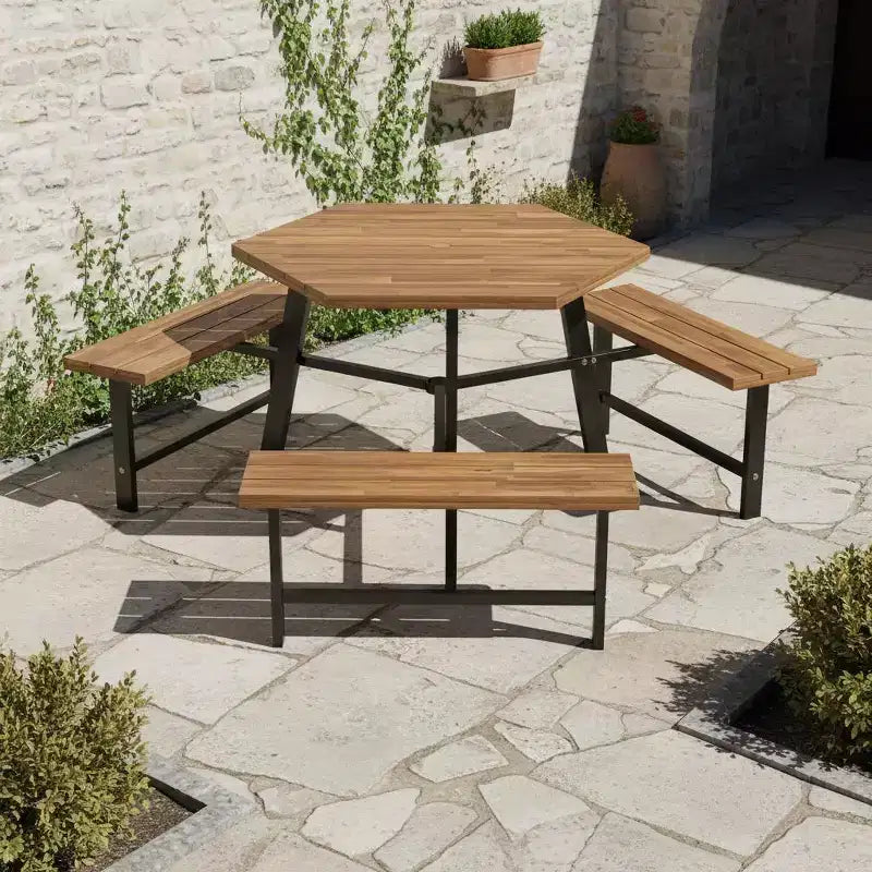 Ensemble table de pique-nique Gymax 6 personnes en bois d'acacia avec 3 bancs, trou pour parasol et pieds antidérapants réglables pour l'extérieur