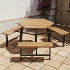 Ensemble table de pique-nique Gymax 6 personnes en bois d'acacia avec 3 bancs, trou pour parasol et pieds antidérapants réglables pour l'extérieur