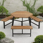 Ensemble table de pique-nique Gymax 6 personnes en bois d'acacia avec 3 bancs, trou pour parasol et pieds antidérapants réglables pour l'extérieur
