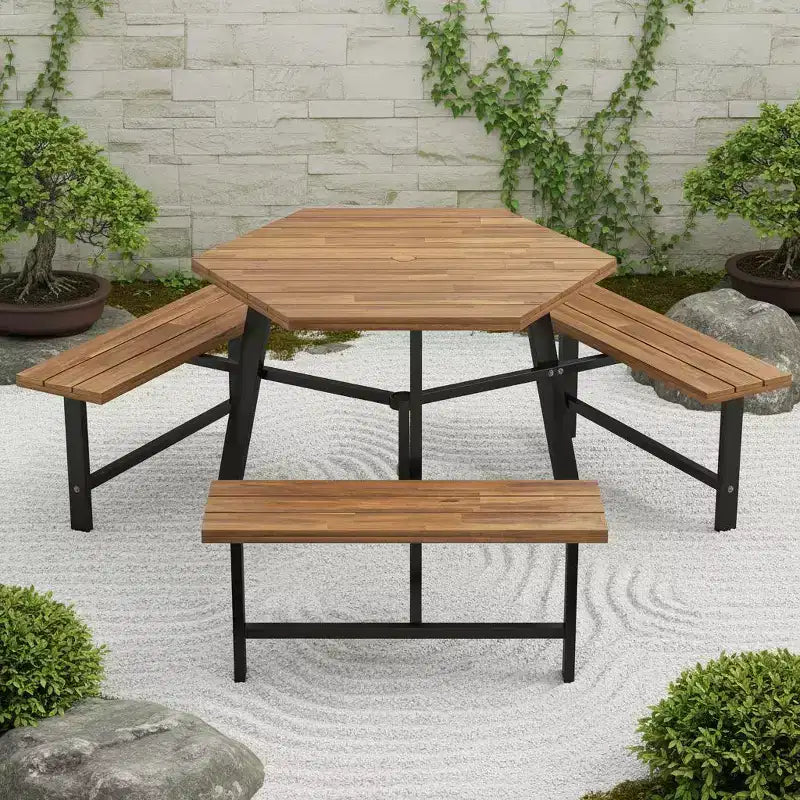 Ensemble table de pique-nique Gymax 6 personnes en bois d'acacia avec 3 bancs, trou pour parasol et pieds antidérapants réglables pour l'extérieur
