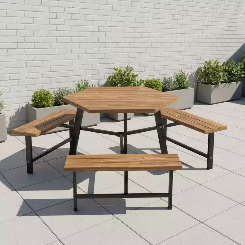 Ensemble table de pique-nique Gymax 6 personnes en bois d'acacia avec 3 bancs, trou pour parasol et pieds antidérapants réglables pour l'extérieur