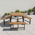 Ensemble table de pique-nique Gymax 6 personnes en bois d'acacia avec 3 bancs, trou pour parasol et pieds antidérapants réglables pour l'extérieur
