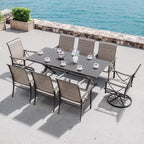 Ensemble de salle à manger d'extérieur ALAULM pour patio, avec table rectangulaire en acier en X, trou pour parasol et chaises fixes à accoudoirs ou chaises pivotantes à bascule pour fêtes de famille, pelouse, balcon, terrasse